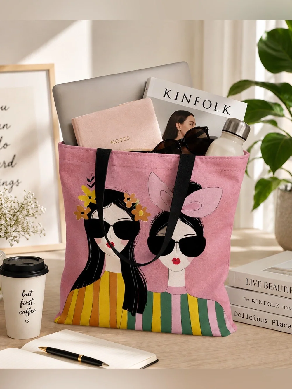 Pink Illustrated Women’s Canvas Tote Bag with Black Handles 💗😎